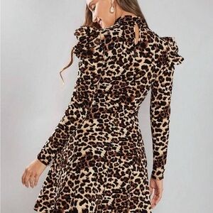 SHEIN Animal Print Mob Wife Ruffled Tiered Mock Neck Dress